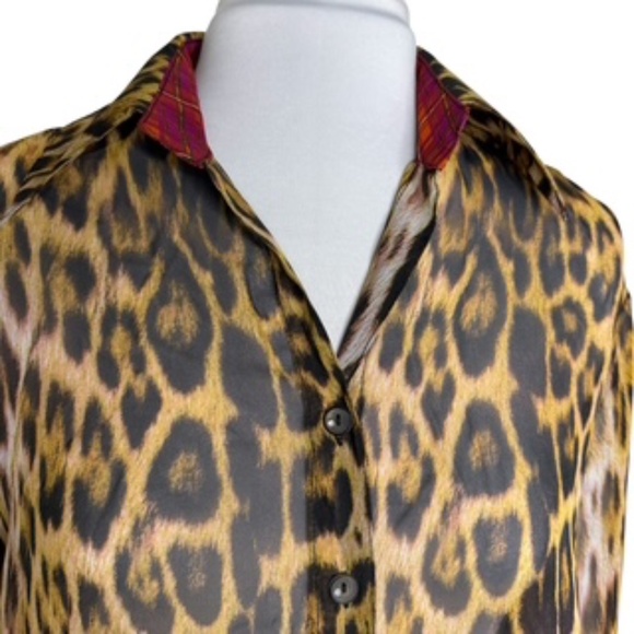 NWOT Mishca Animal Print Button Front Sheer Colorful Tunic Long Slv Top Size L - Picture 4 of 8